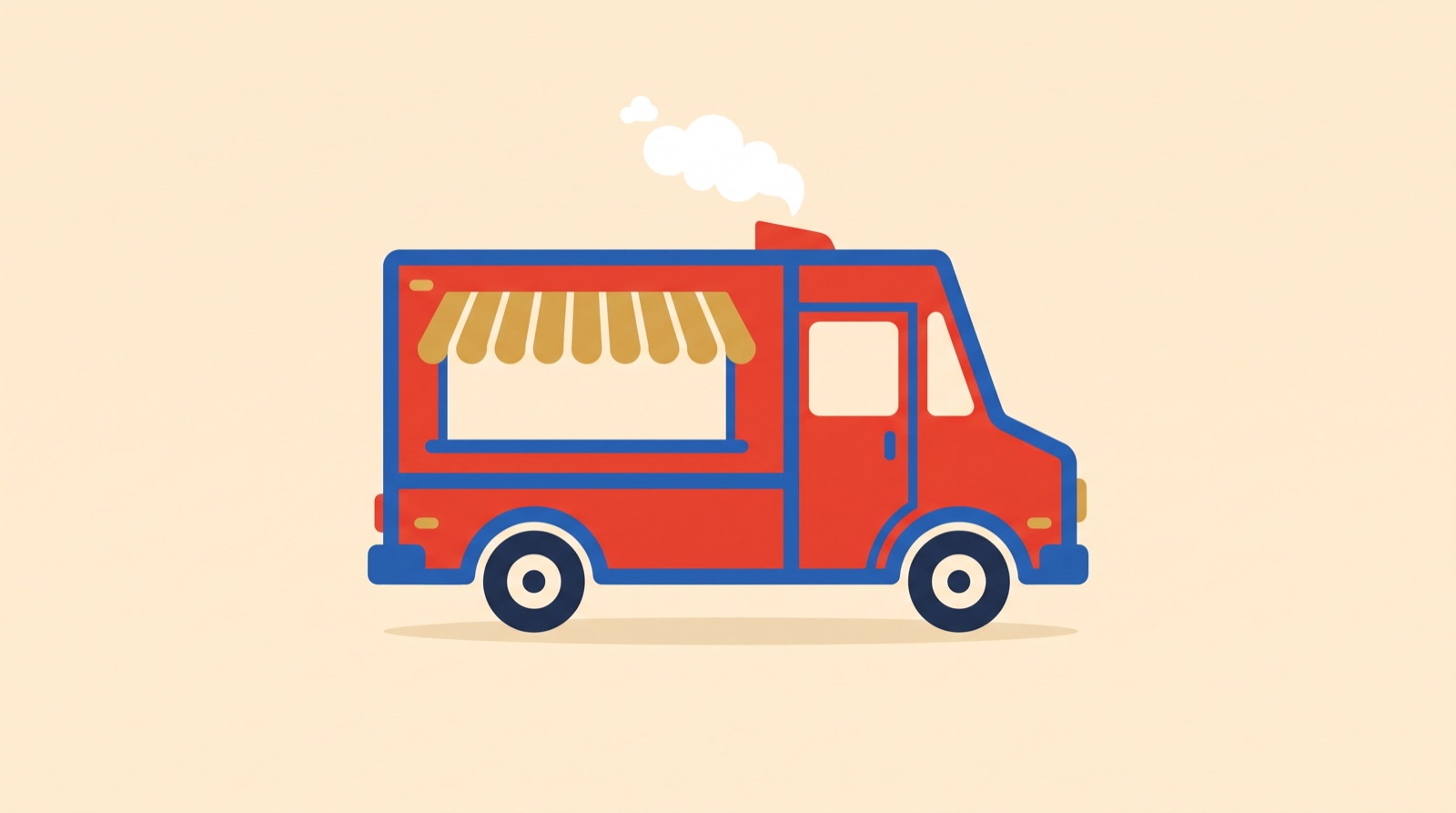 Illustration of a red food truck with a gold striped awning